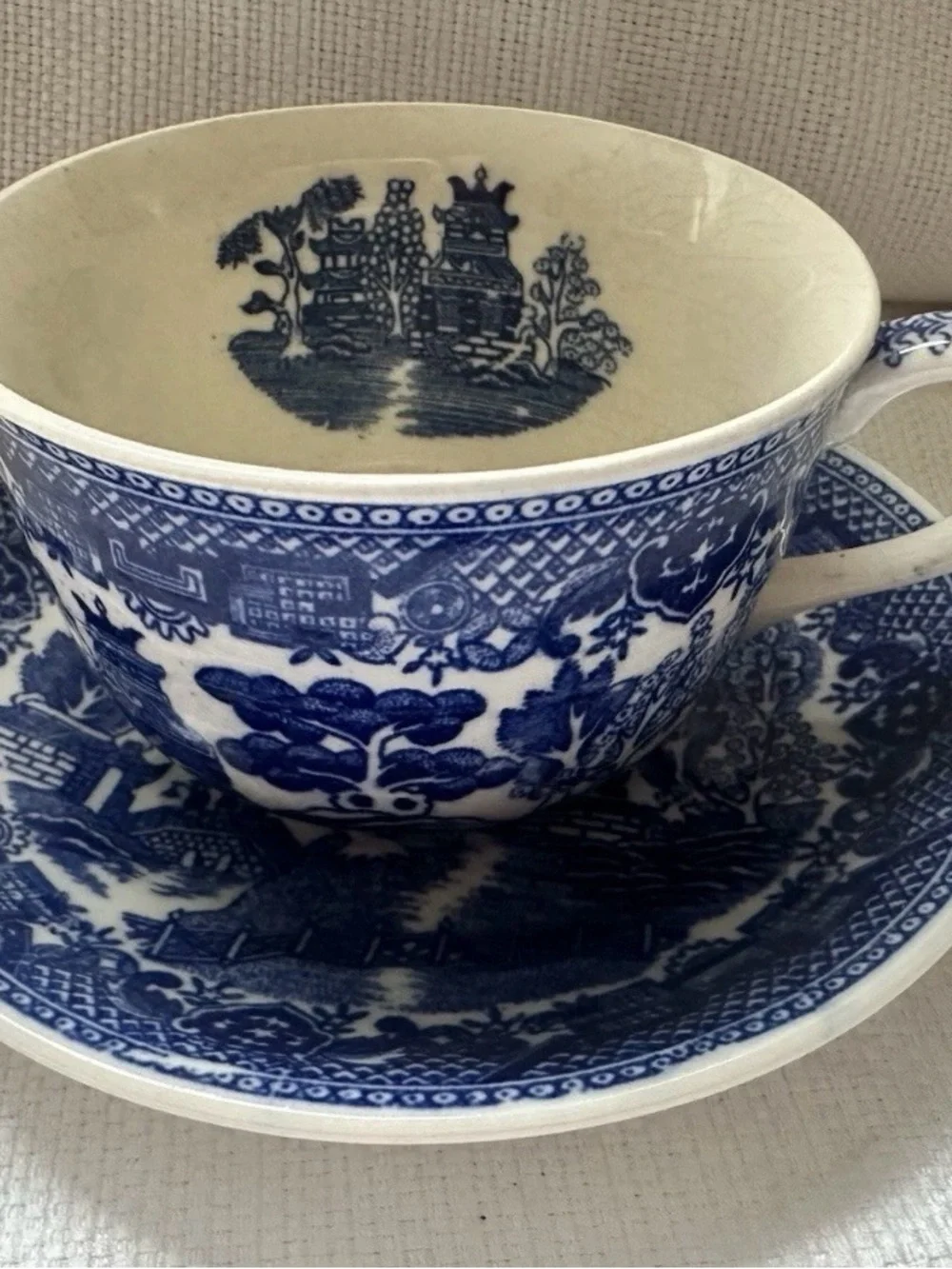 Vintage Japanese Blue Willow Ceramic Teacup and Saucer Set Transfer ware 2 Sets